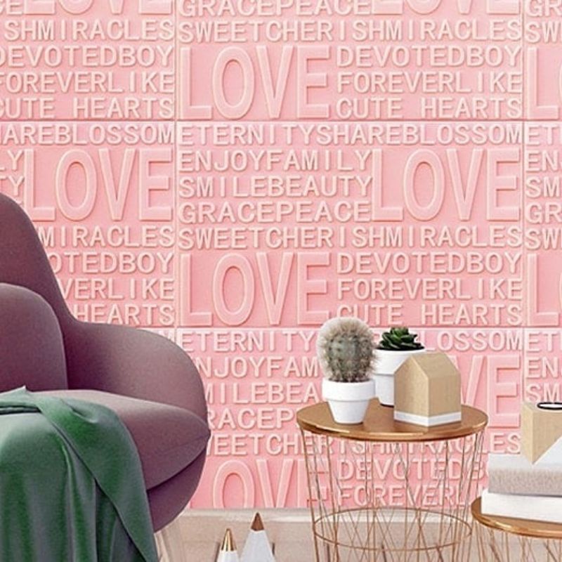 wallpaper foam premium permukaan timbul motif love pink