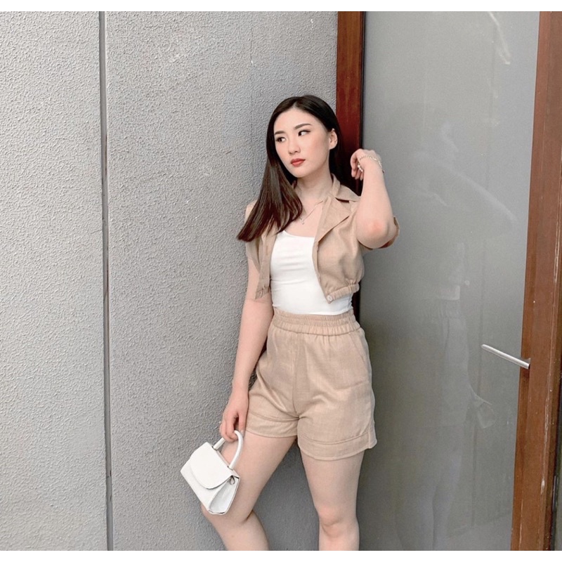 cozybycoma kara set linen nude / linen set nude / nude set / set celana pendek / set top outer / lin