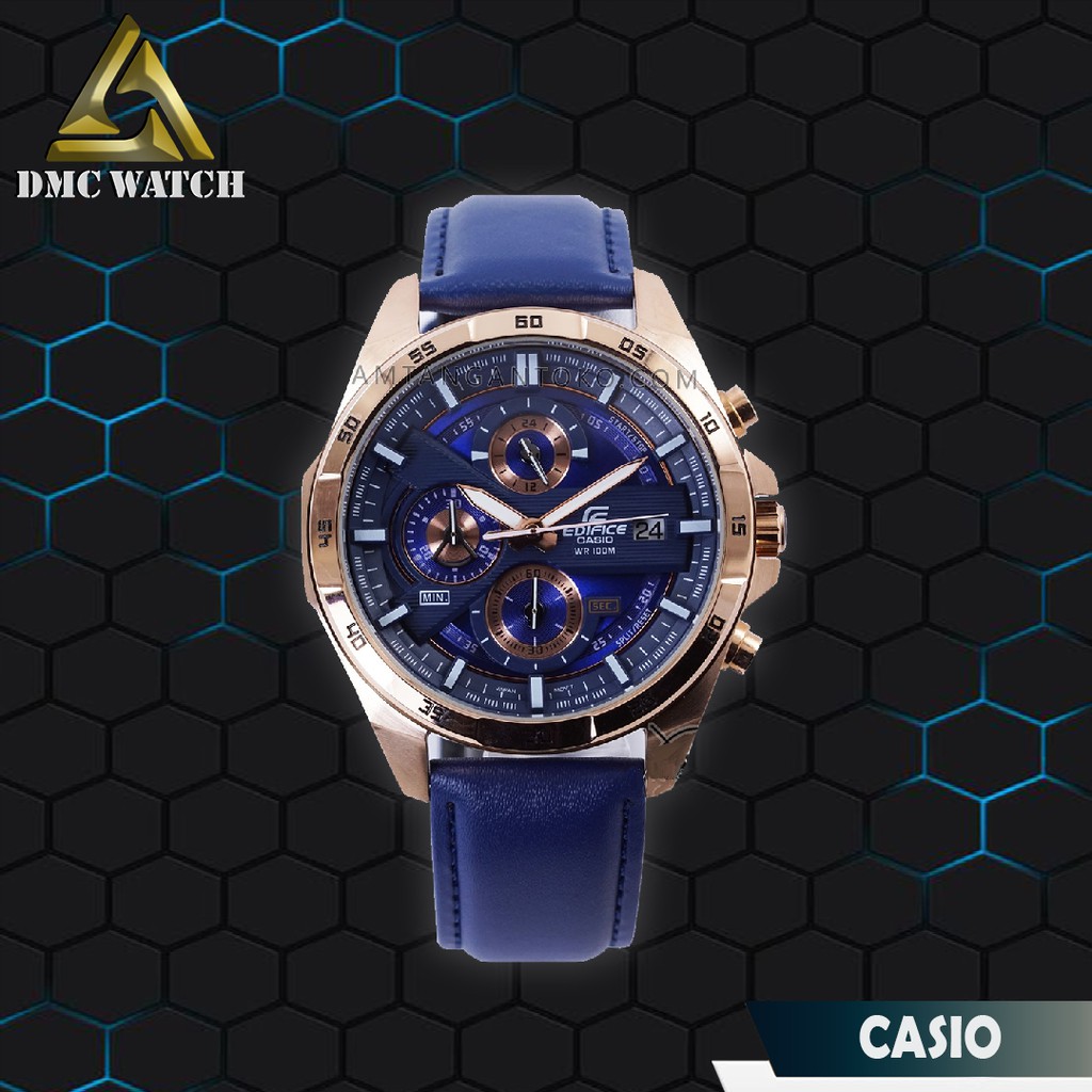 Jam Tangan Pria Casio Edifice EFR-556 L Leather Blue Gold Original BM