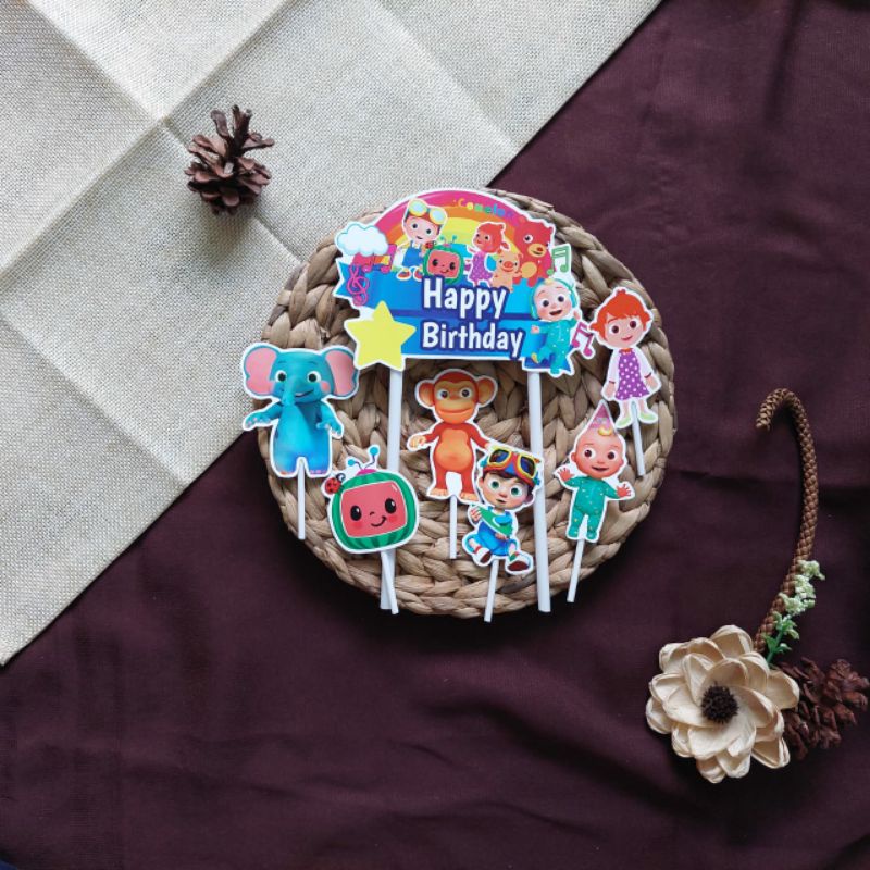satu set hiasan kue ulang tahun cake topper karakter coco melon cocomelon