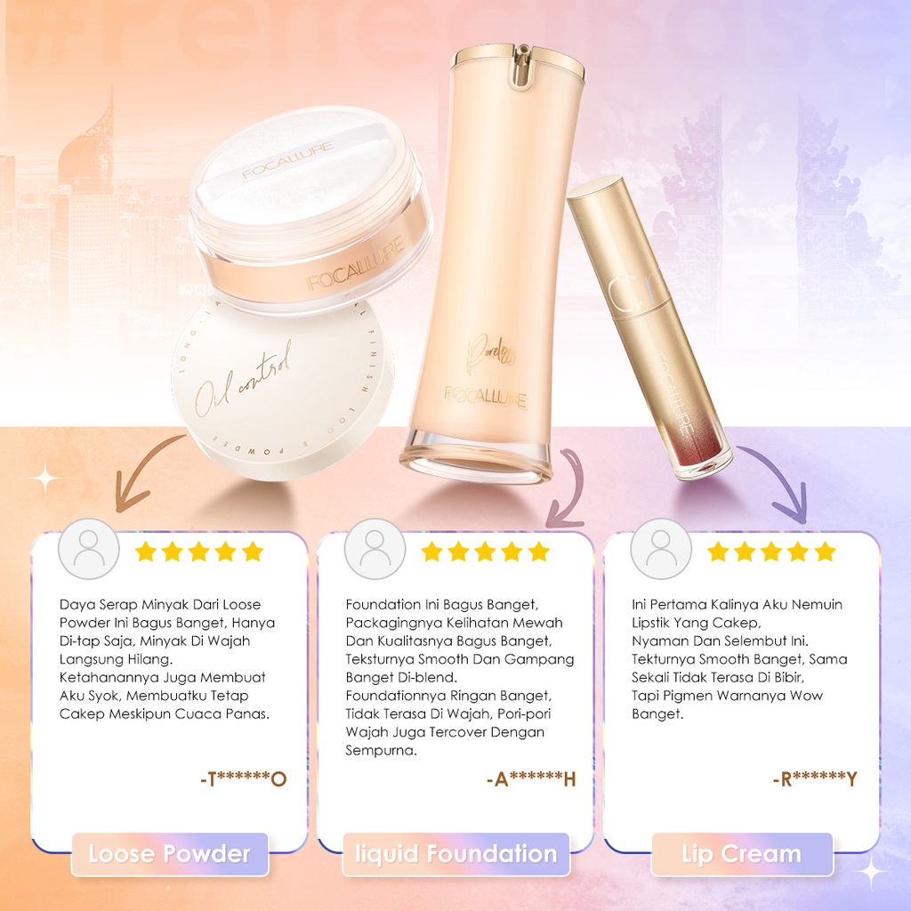 FOCALLURE 3pcs Beauty Set Makeup Set (Poreless Foundation #03 + Oil-control loose powder #02+Air Mist Lip Cream)