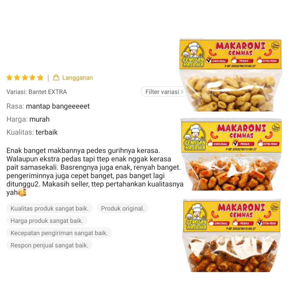 Makaroni cemhas isi 50pcs cemilan hasbiya, makaroni bantet extra pedas,camilan makaroni bantet tasikmalaya