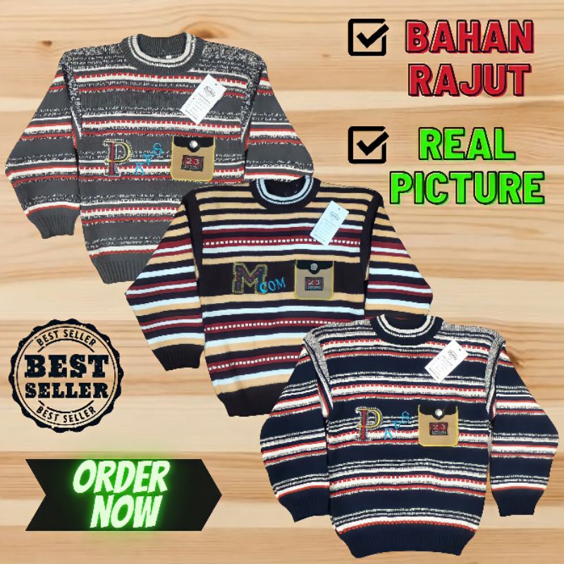 Sweater Rajut Salur Anak Laki Laki Lengan Panjang Outer Baju Hangat Anak Cowok Bahan Tebal Model Ter