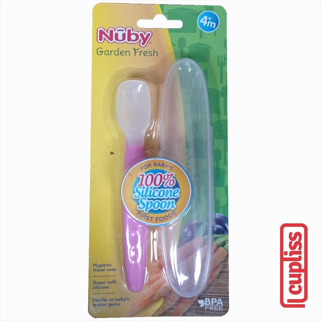 NUBY 124655 Garden Fresh Silicone Spoon with Case Pink Sendok