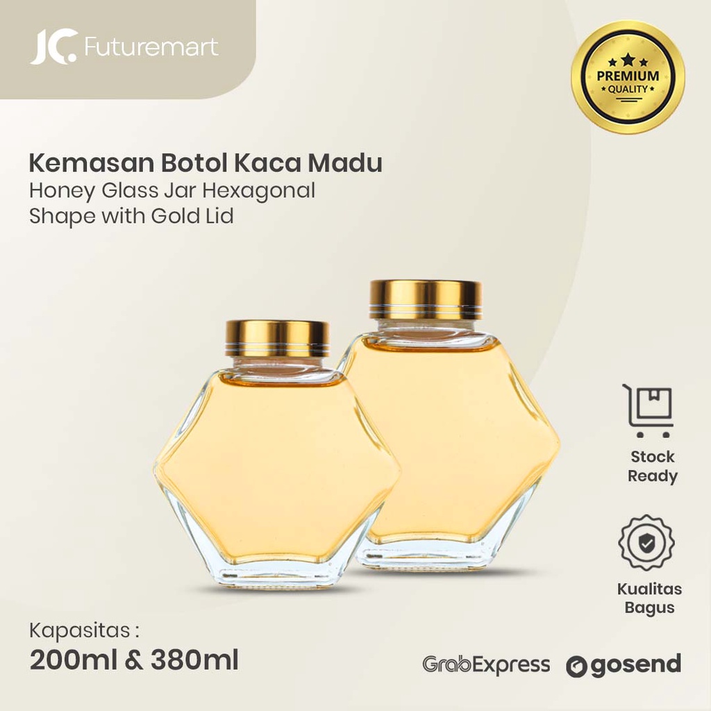 BOTOL KACA MADU HEXAGONAL KEMASAN MADU TUTUP GOLD LID HONEY GLASS JAR