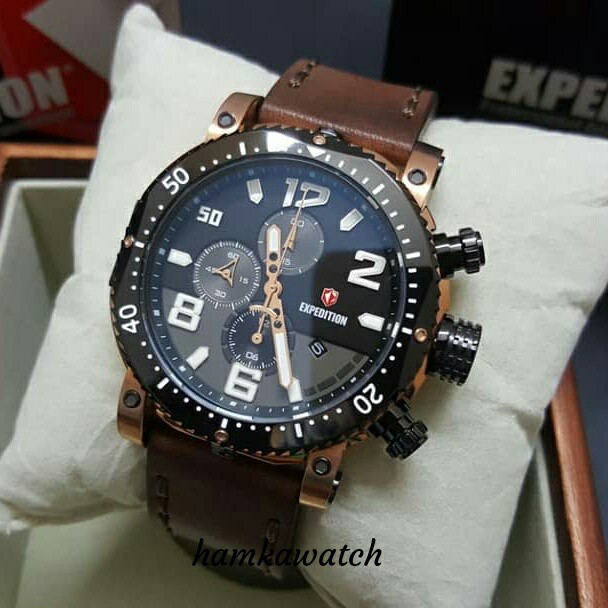 jam tangan / Watch_Id pria expedition original e6658 black gold leather brown