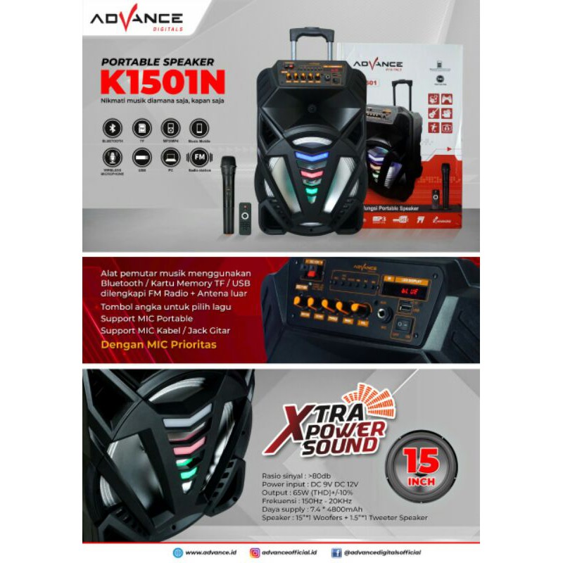 Speaker Bluetooth Advance K 1501N  Speaker Meeting Advance 15"  Portable Speaker Speaker Trolley