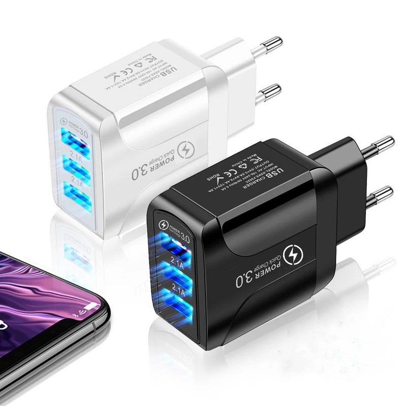 Adapter Charger Dinding 3 Port USB 15W Multifungsi Plug EU US Untuk Smartphone Android