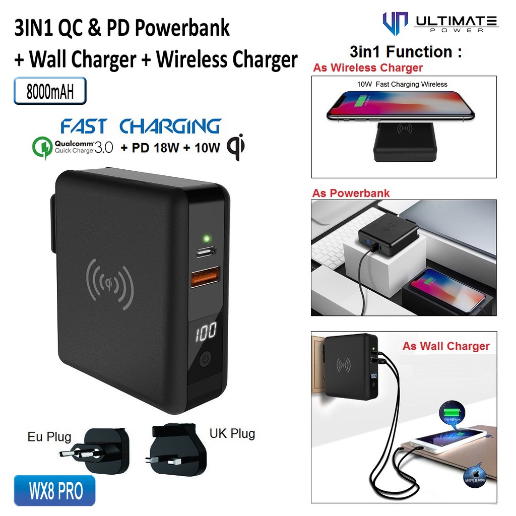 Adapter Charger QC PD UltimatePower WX8 Pro 3in1 Powerbank + Wall Charger + Wireless Charger 8000mAh