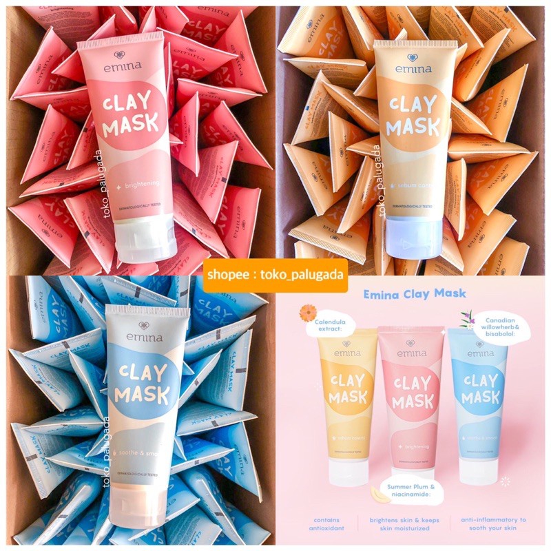 Emina Clay Mask 60 mL (Sebum Control, Brightening, Soothe &amp; Smooth) - Masker Ringan Perawatan Wajah