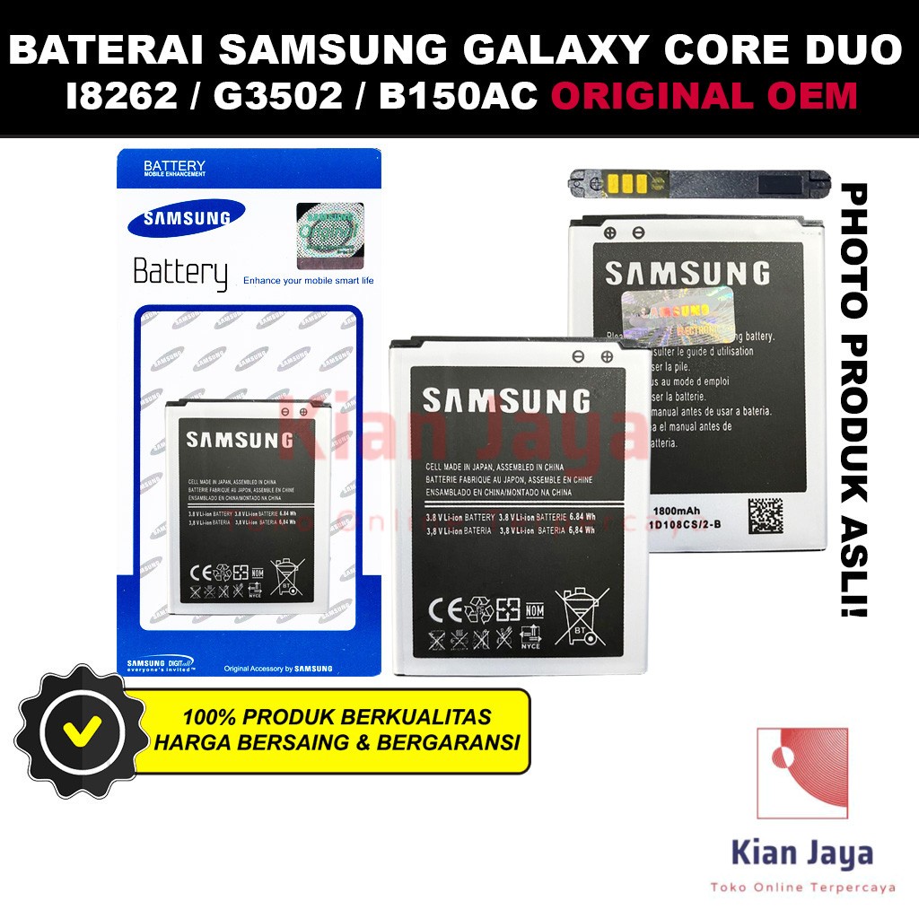 Baterai Samsung Galaxy Core I8260 I8262 Duos Original OEM Batre Batrai Battery Hp B150AC Ori