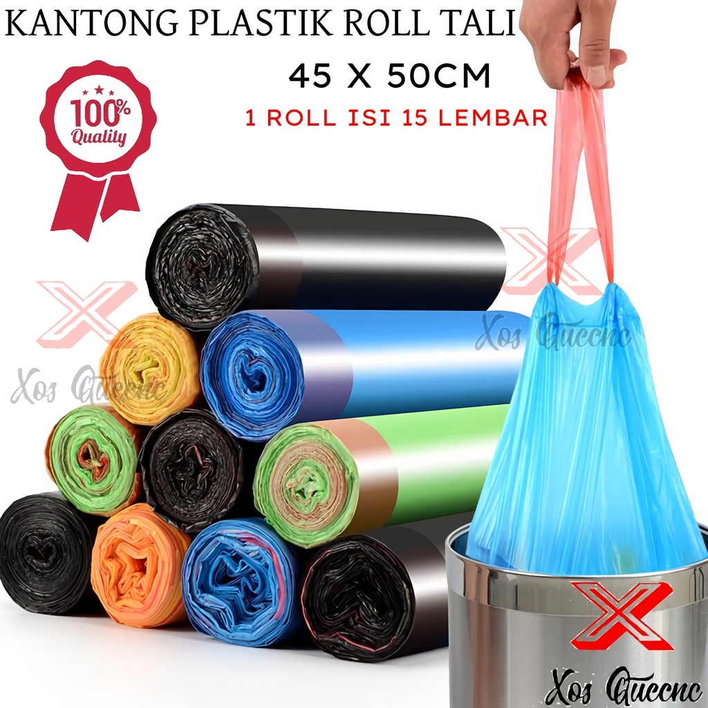 [XOQ] PLASTIK SAMPAH ROLL DENGAN TALI UKURAN 45X50CM ISI 15 LEMBAR / PLASTIK SAMPAH ROLL / KANTONG SAMPAH SEKALI PAKAI