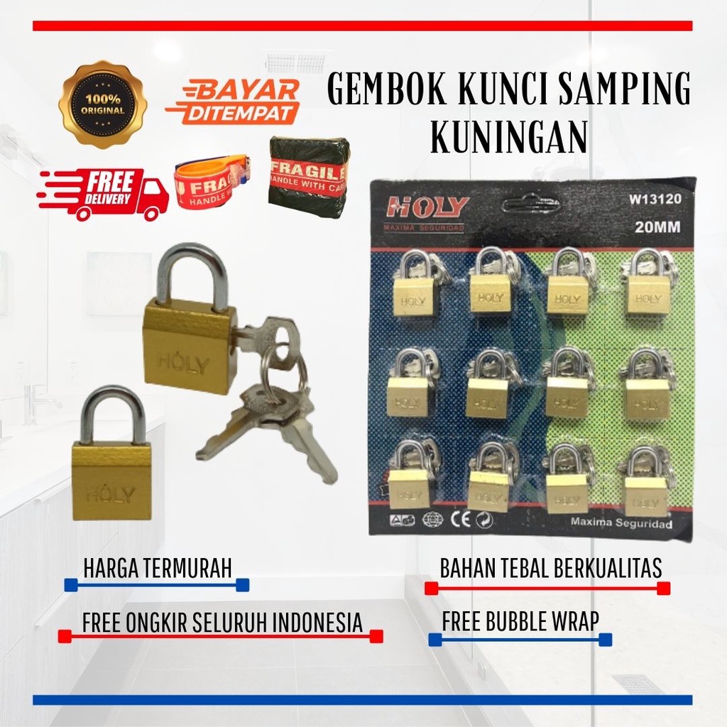 GEMBOK KUNCI SAMPING KUNINGAN BLISTER UKURAN 15mm/20mm/25mm HOLY