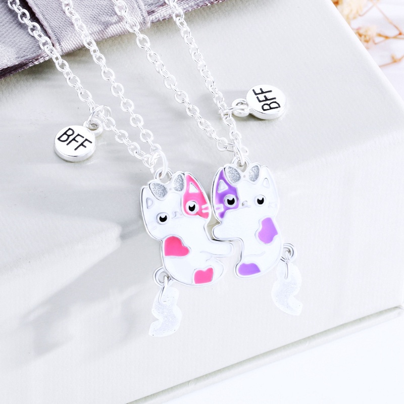 Fancyqube 2pcs / Set Kalung Liontin Bentuk Puzzle Hati Kucing Bahan Stainless Steel Untuk Pria Dan Wanita