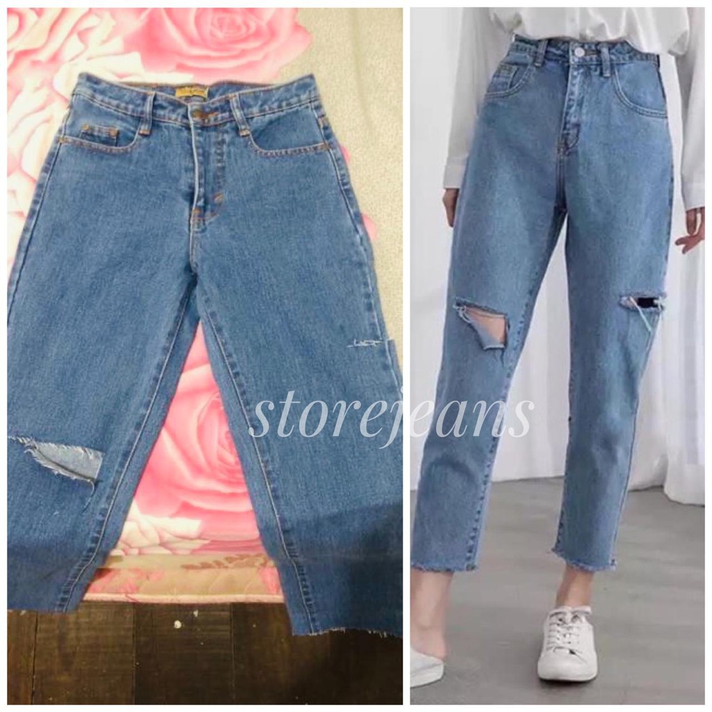  Celana  Wanita Boyfriend  jeans sobek lutut Pine samping 