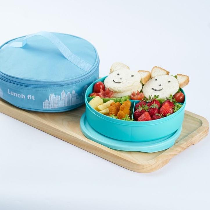 ✮ Tempat Makan Plus Tas Lunch Fit Set / Kotak Makan Plastik 3 Sekat / Bekal Makan Bulat grosir