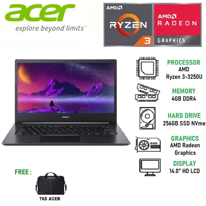 ACER ASPIRE SLIM 3 A314-22-R3FS AMD RYZEN 3-3250U/4GB RAM/256GB SSD/AMD RADEON/14"HD - BLACK