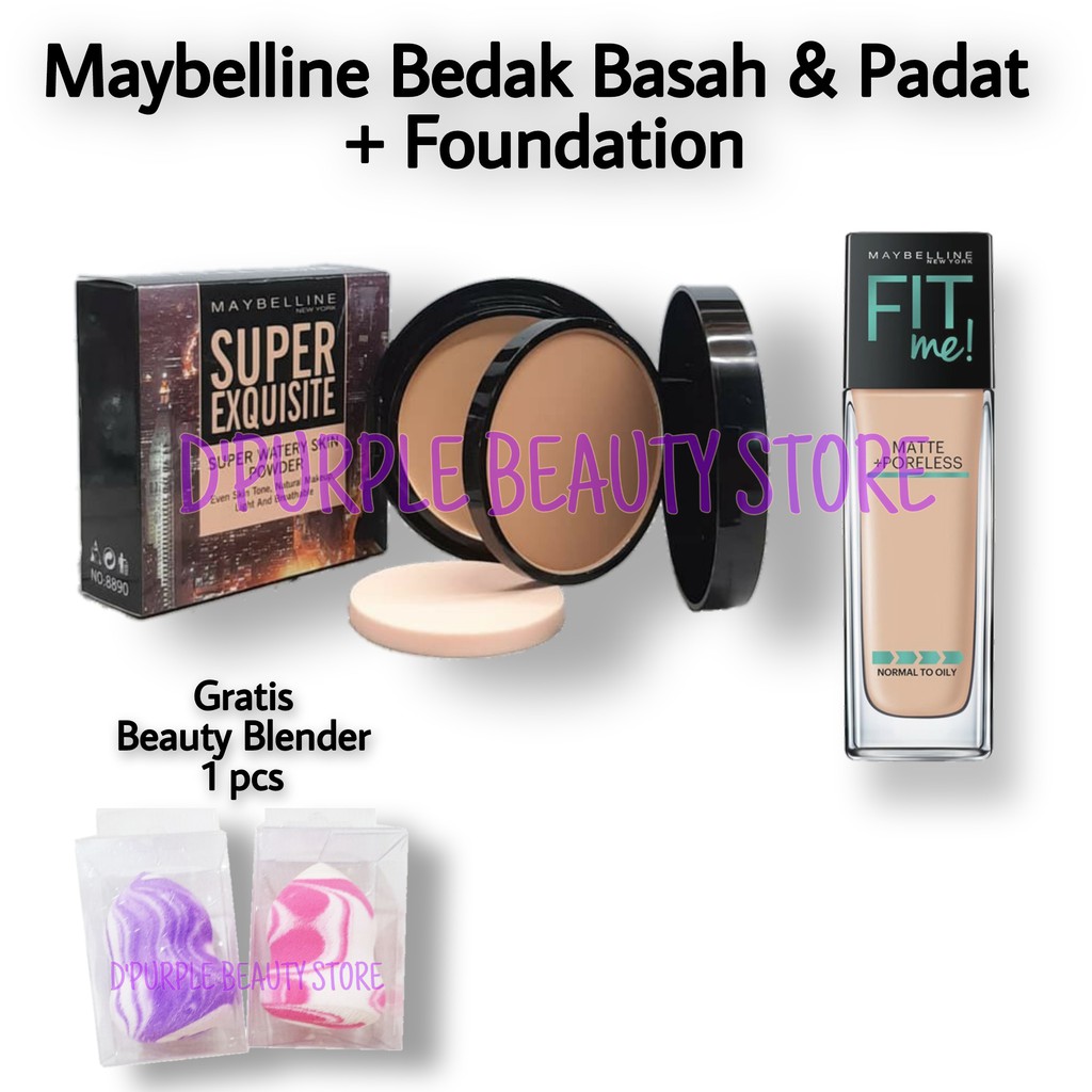 Paket Kosmetik Maybelline Murah 2 In 1 - Bedak -Foundation - Gratis Beauty Blender