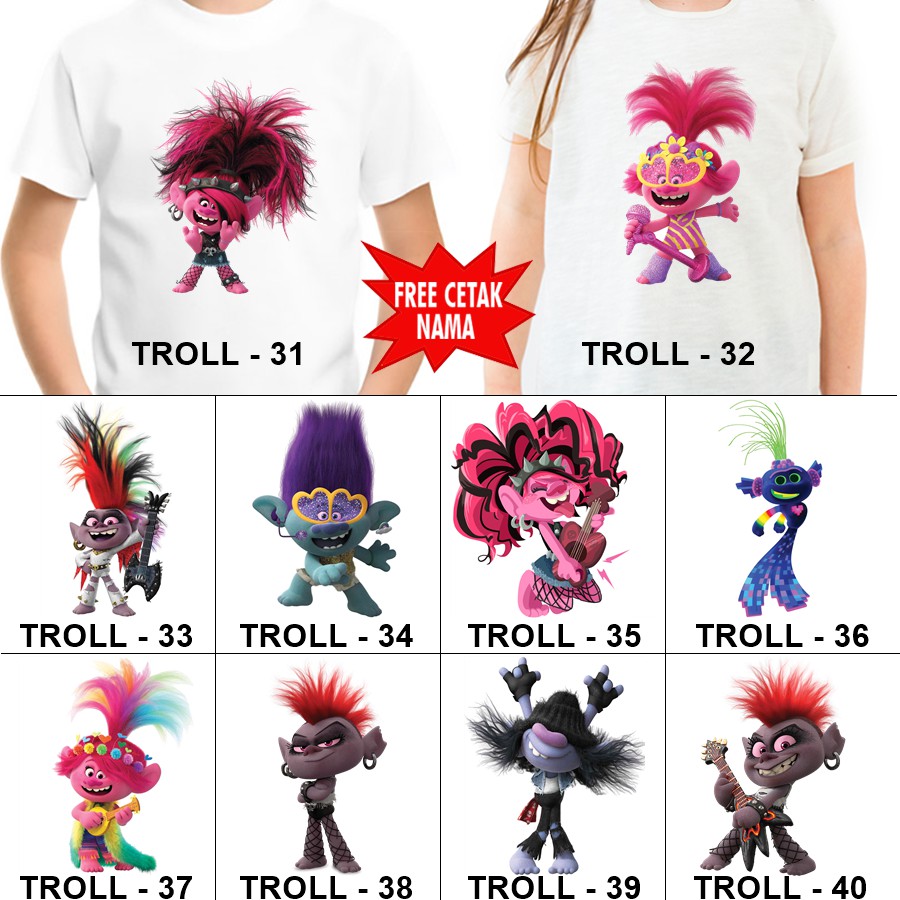  Baju  Kaos ANAK  DAN DEWASA TROLLS COUPLE FREE NAMA  