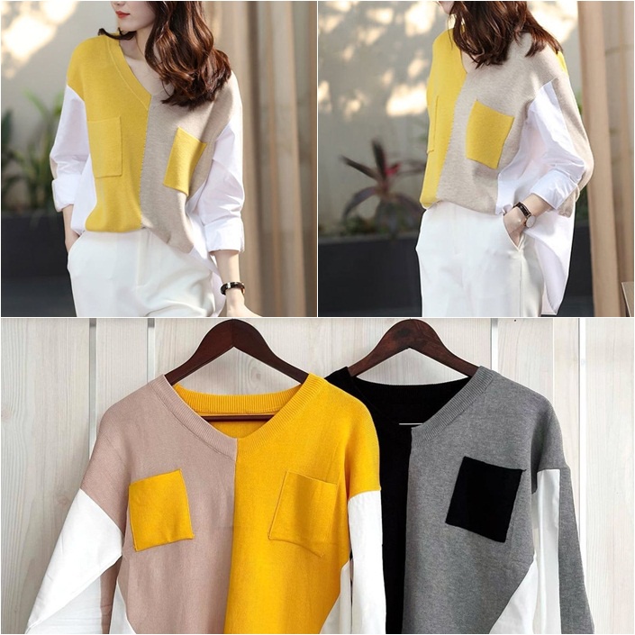 FLORENZA TOP BLOUSE RAJUT MIX COTTON OVERSIZE V NECK SAKU AKTIF