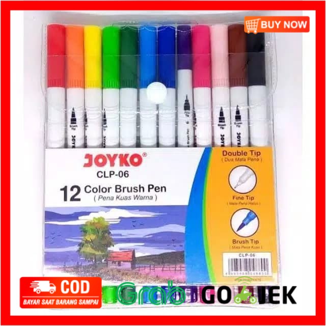 

(BISA COD) 1 SET Brush Pen Joyko isi 12 Warna CLP-06 ( Dua Mata Spidol Pena )