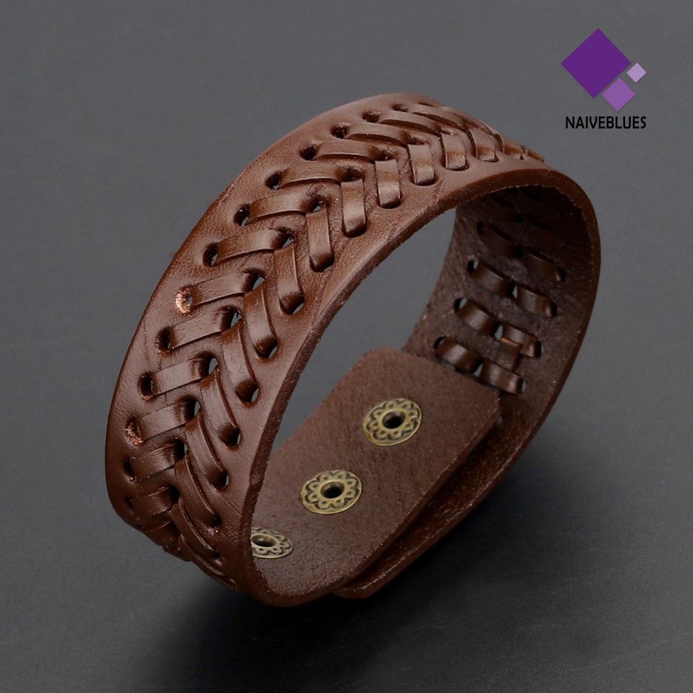 Naiveblue &gt; Gelang Tangan Kulit Imitasi Lebar Aksen Kancing Gaya Vintage Untuk Pria