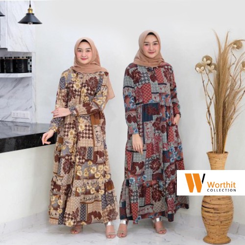 GAMIS WOLFIS MOTIF PREMIUM PROSES PRNTING DRESS WANITA MUSLIM LD 100 CM