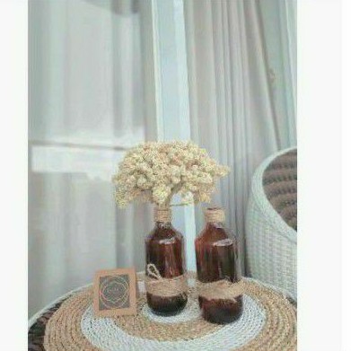 Bunga Edelweiss Kering dan Vas Kaca Vintage Coklat Cantik