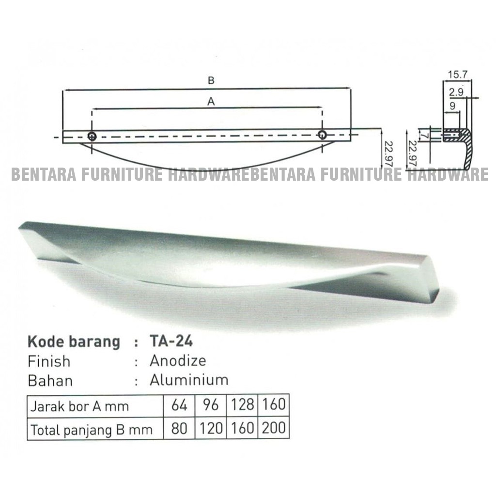 HUBEN TA-24 64 MM - TARIKAN LACI TARIKAN DAUN PINTU KABINET LEMARI MEJA DRAWER HANDLE ALUMINIUM ANODIZE