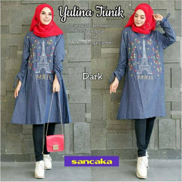 Yulina Tunik, TUNIK WANITA MUSLIM CANTIK BAHAN JEANS WASH PREMIUM MIX BORDIR LD 110 TERMURAH