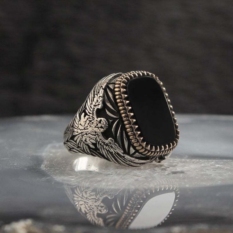 Cincin Batu Akik Hitam Bahan Titanium Steel Gaya Vintage Untuk Pria