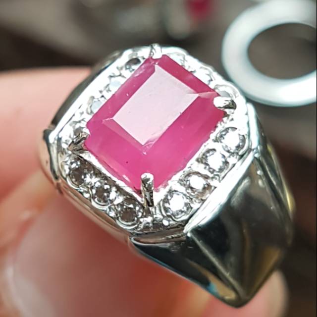 C210 Cincin perak pria merah rubi ruby kotak octagon harga murah