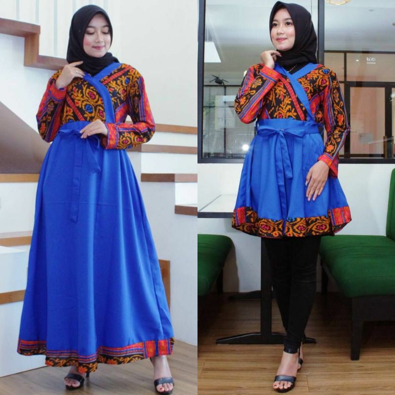 GAMIS KIMONO BATIK KOMBINASI MOSCREP ATASAN WANITA MODERN MILENIAL CANTIK TENUN SONGKET TORAJA SUMBA