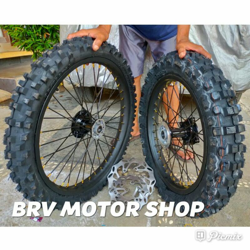 Sepaket Velg KLX 18-21 Lengkap Ban tromol ORI KLX Siap Pasang - velg Trail 18+21
