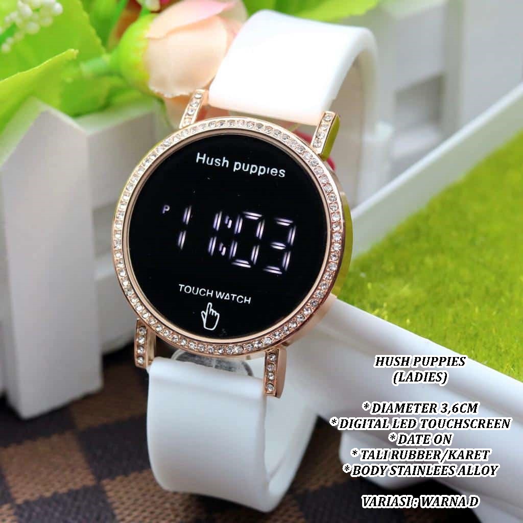 (BISA COD) JAM TANGAN WANITA HUSH PUPPIES TALI RUBBER BODY BULAT LED TANGGAL AKTIF