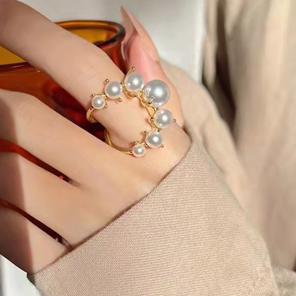 Cincin Wanita Model Terbuka Bentuk Geometri Hias Mutiara Imitasi Adjustable Untuk Pesta Pernikahan