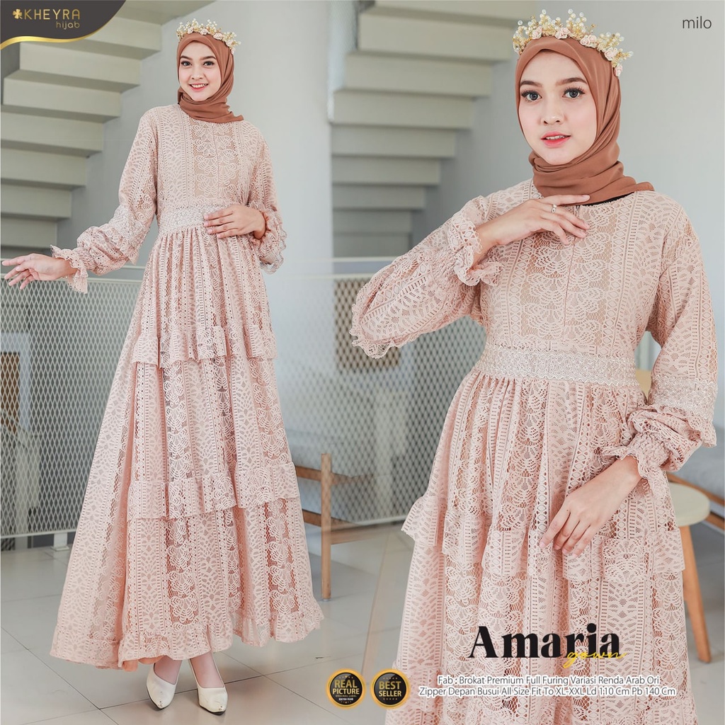 AMARIA GOWN DRESS BY KHEYRA / GAMIS POLOS BERBAHAN LACE BROKAT / GAUN MUSLIMAH / MAXY DRESS TERBARU
