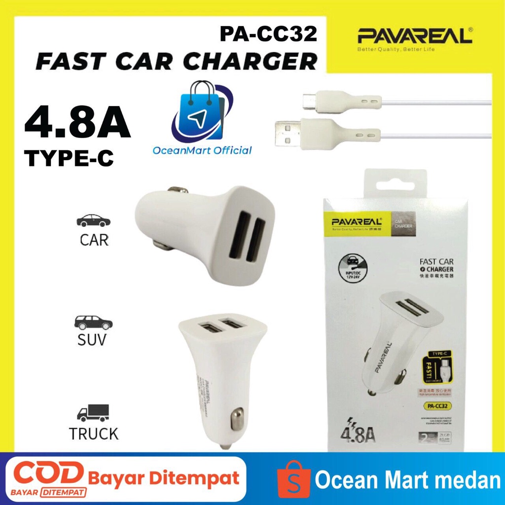 Pavareal Car Charger Mobil PA CC32 USB Lightning Type C Micro 4.8A Kabel Super Fast Charging 2 Port Aksesoris Handphone HP OCEANMART OCEAN MART Murah Grosir