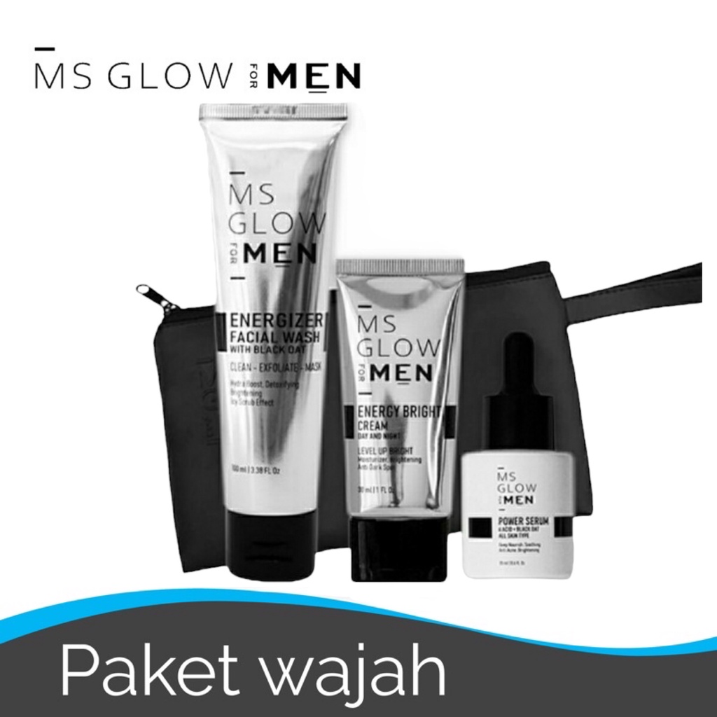 Paket Wajah MS Glow Men Lengkap - Energizer Facial Wash, Energy Bright Cream Day and Night, Energy Serum, Sunscreen Spray, Maskulin Body Lotion