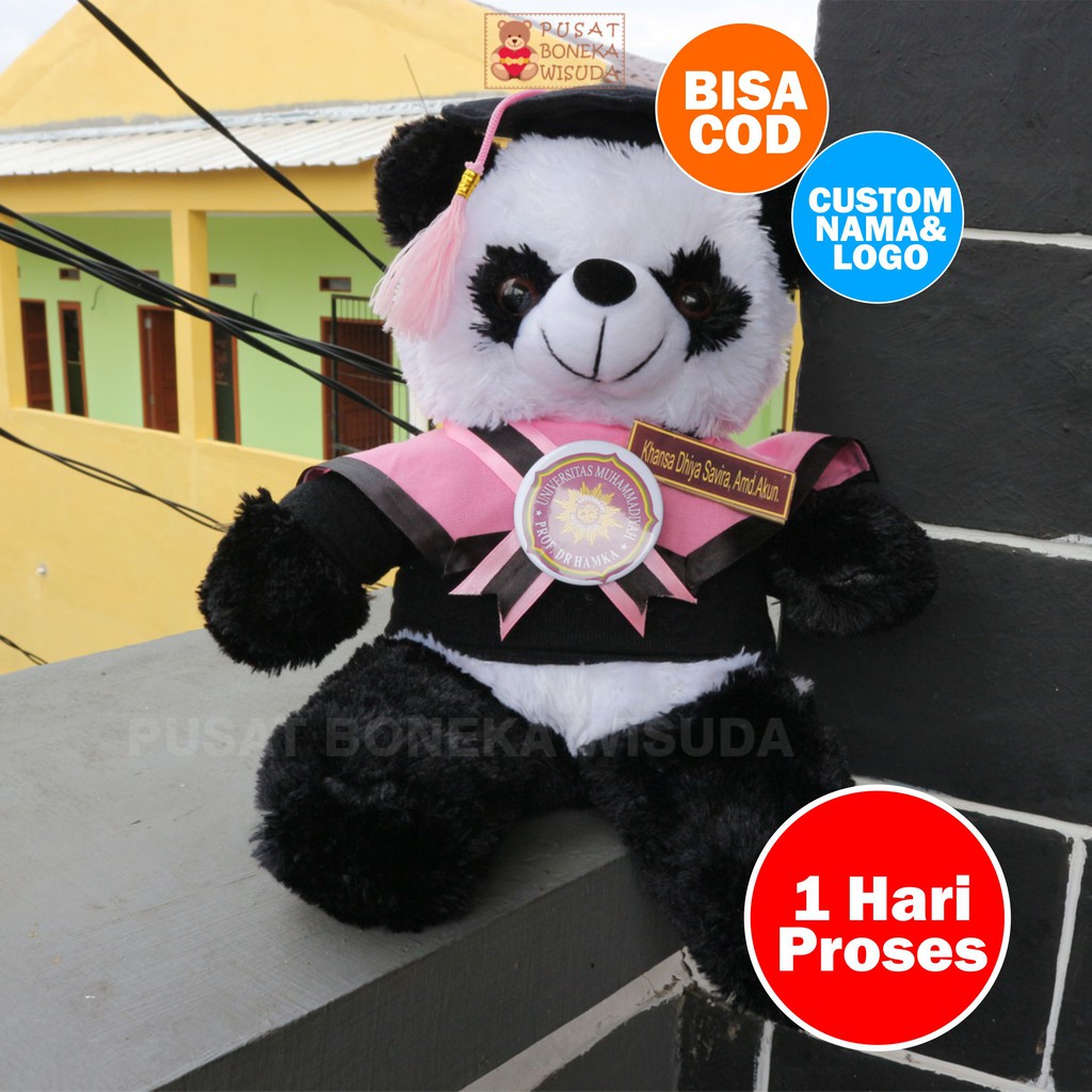 Boneka Wisuda Panda murah Gratis Ongkir Hadiah Kado Kelulusan Pria Cowok custom Nama Seragam Lengkap