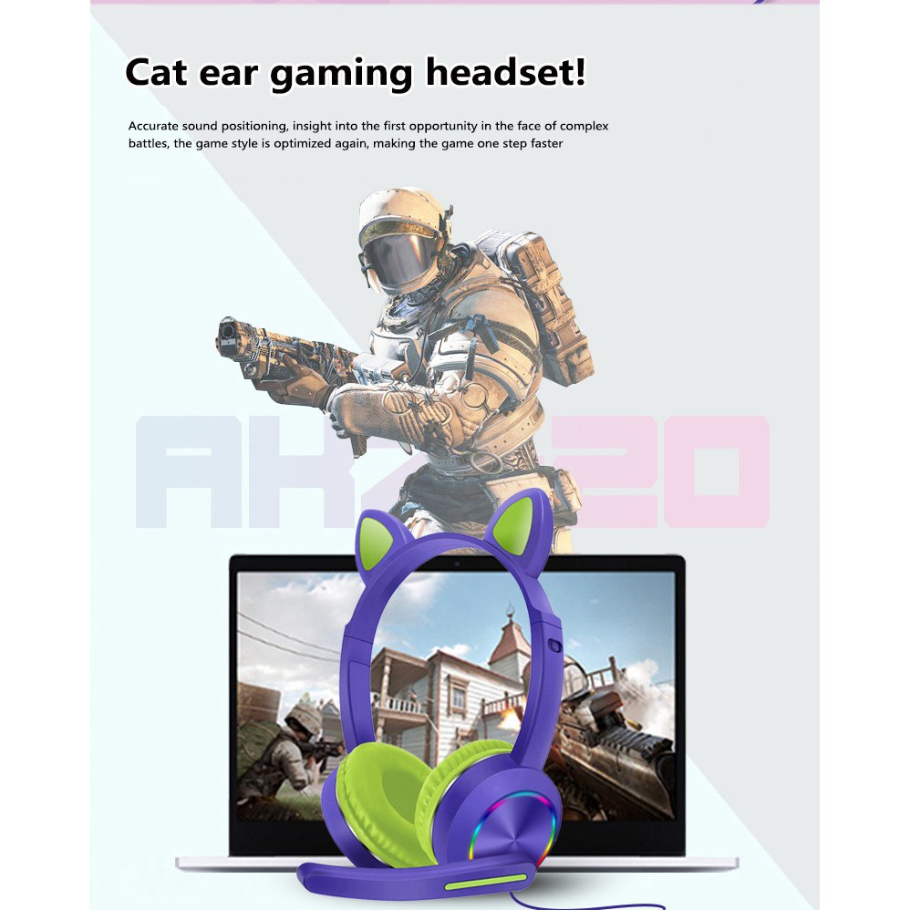 Headset Gaming LED Telinga Kucing model AKZ-020 with microphone jack 3.5mm Headphone Gaming