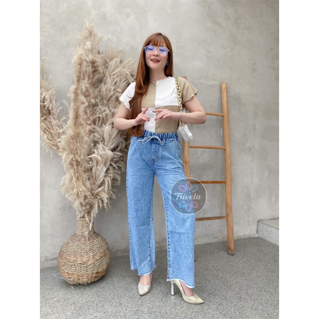 Rubber Cullotes / Celana Kulot Jeans Karet Pinggang Wanita