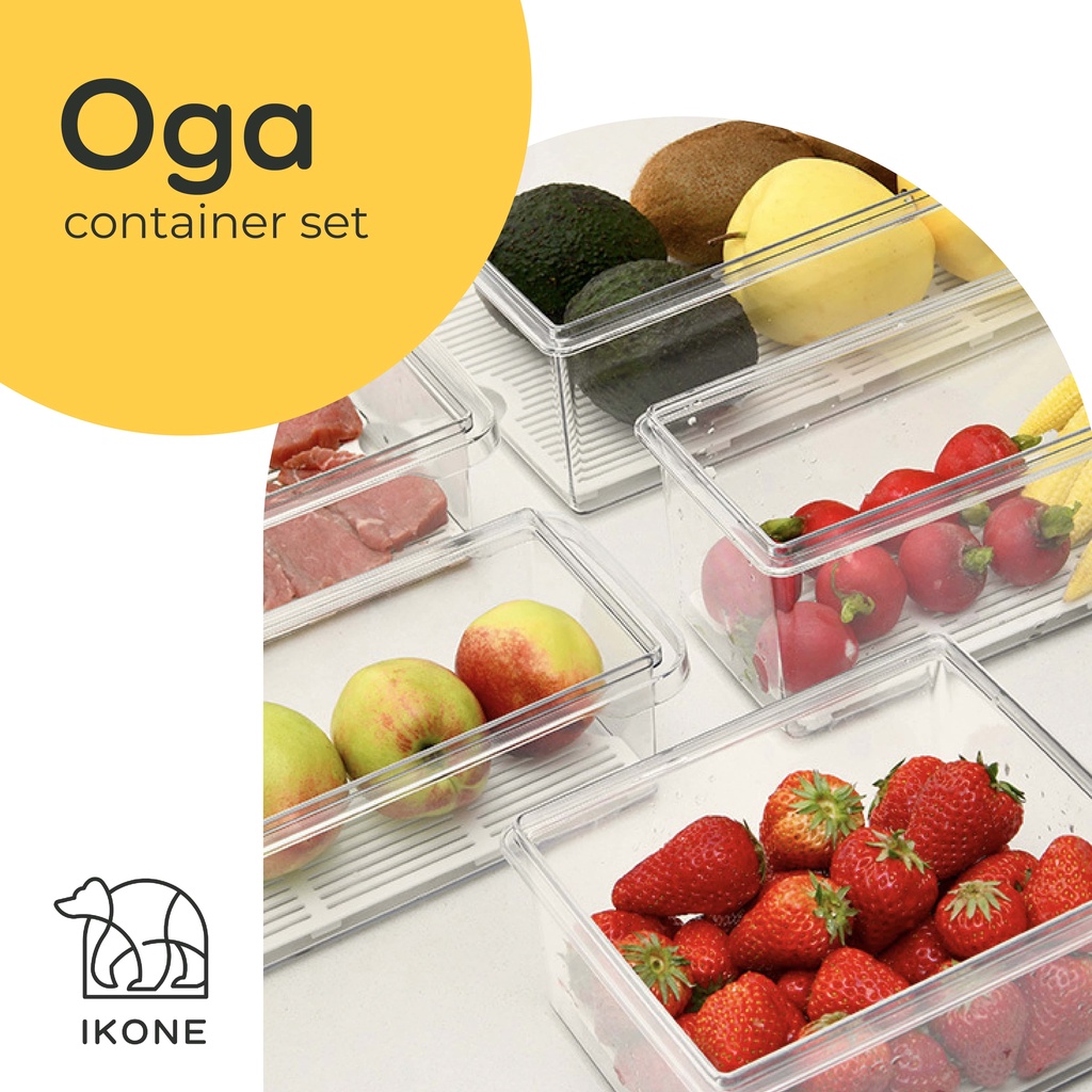 【IKONE】OGA Kotak Kontainer tempat Penyimpanan Makanan Kulkas Daging Sayur Buah Cabai Fridge Freezer Storage Box bening Putih Estetik Transparan Multi Fungsi Tupperwear Saringan Container Box Drainer Serbaguna Organiser Box