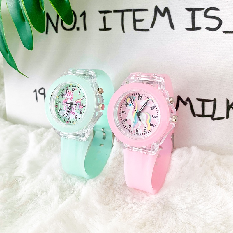 Jam Tangan Anak anak Unicorn Kartun Balita Mainan Bayi Jam Tangan Pelangi Kuda Gadis Bercahaya Berkedip Lampu Elektronik Jam Tangan