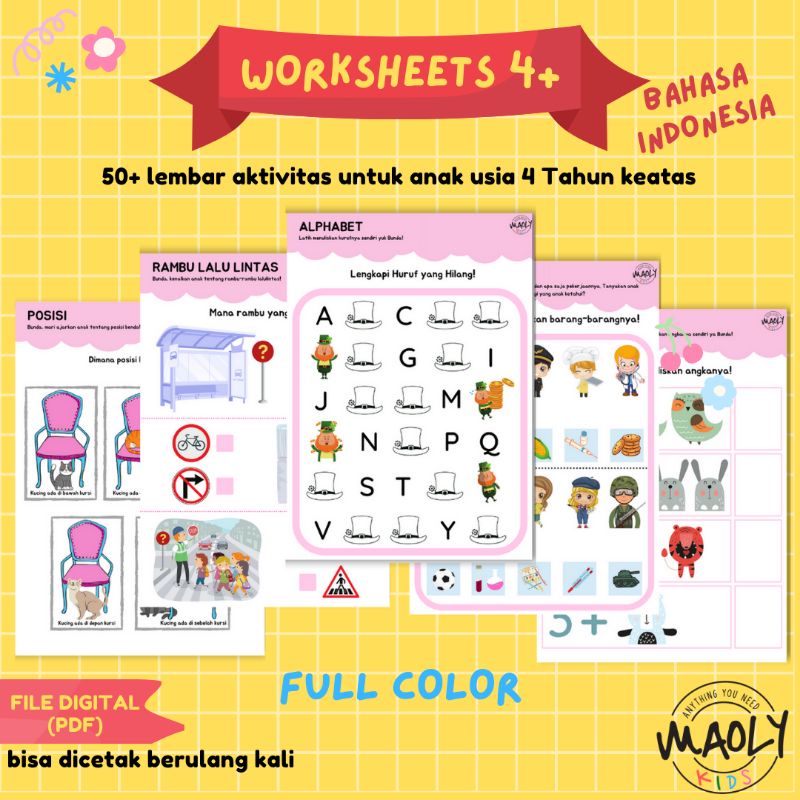 50+ Worksheet Anak Printable 4Tahun/Buku Lembar Kerja Anak Ebook /Materi Belajar Anak PAUD/TK/Pra-TK