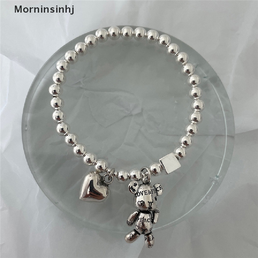 Mornin Gelang Punk Warna Silver Untuk Wanita Manik-Manik String Aksesoris Tren Vintage Sederhana Lucu Beruang Liontin Pesta Perhiasan Halus id