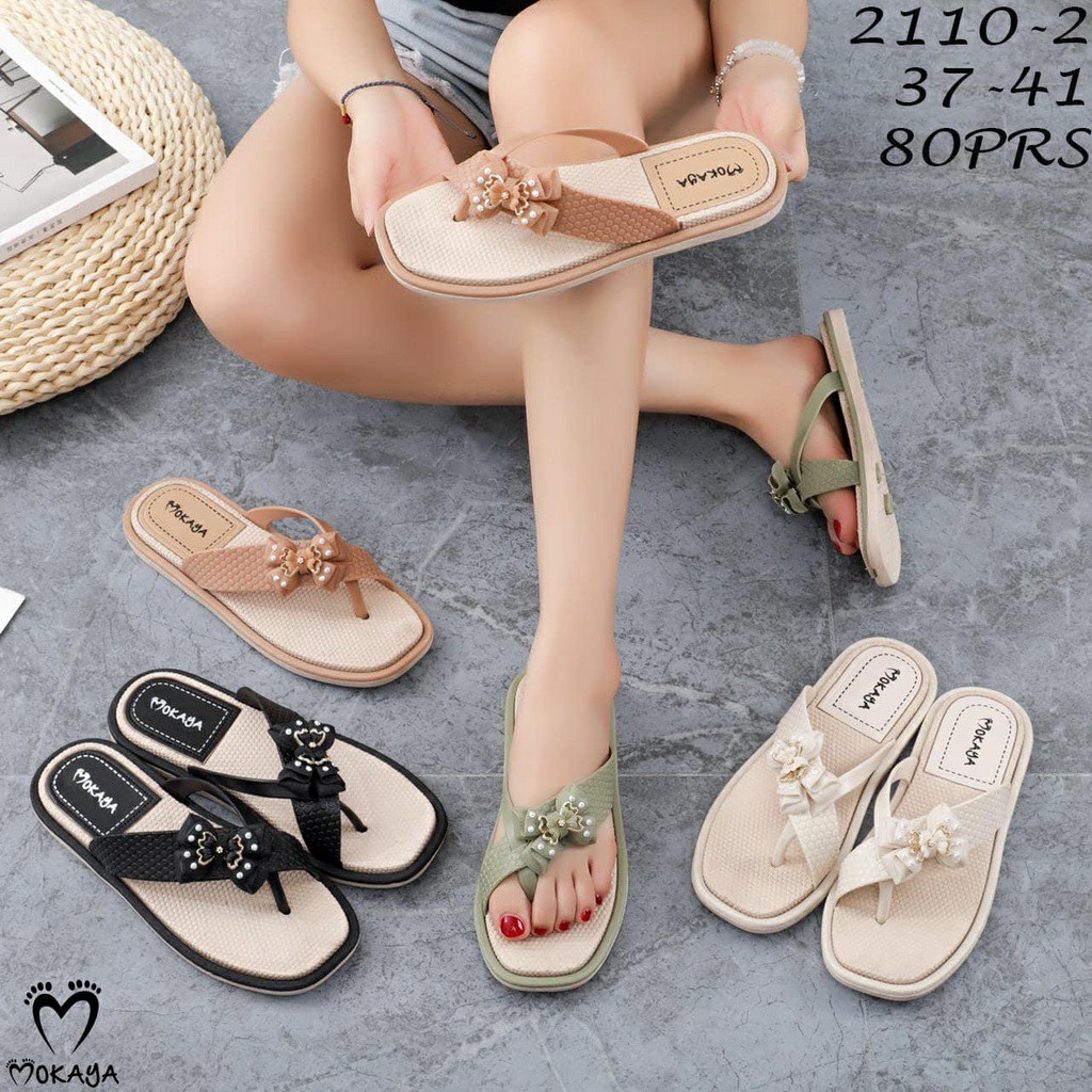 Sandal Jepit Wanita Slip Jempol Silang Pita Samping Super Cantik Import Mokaya / size 37-41 (2110-2)