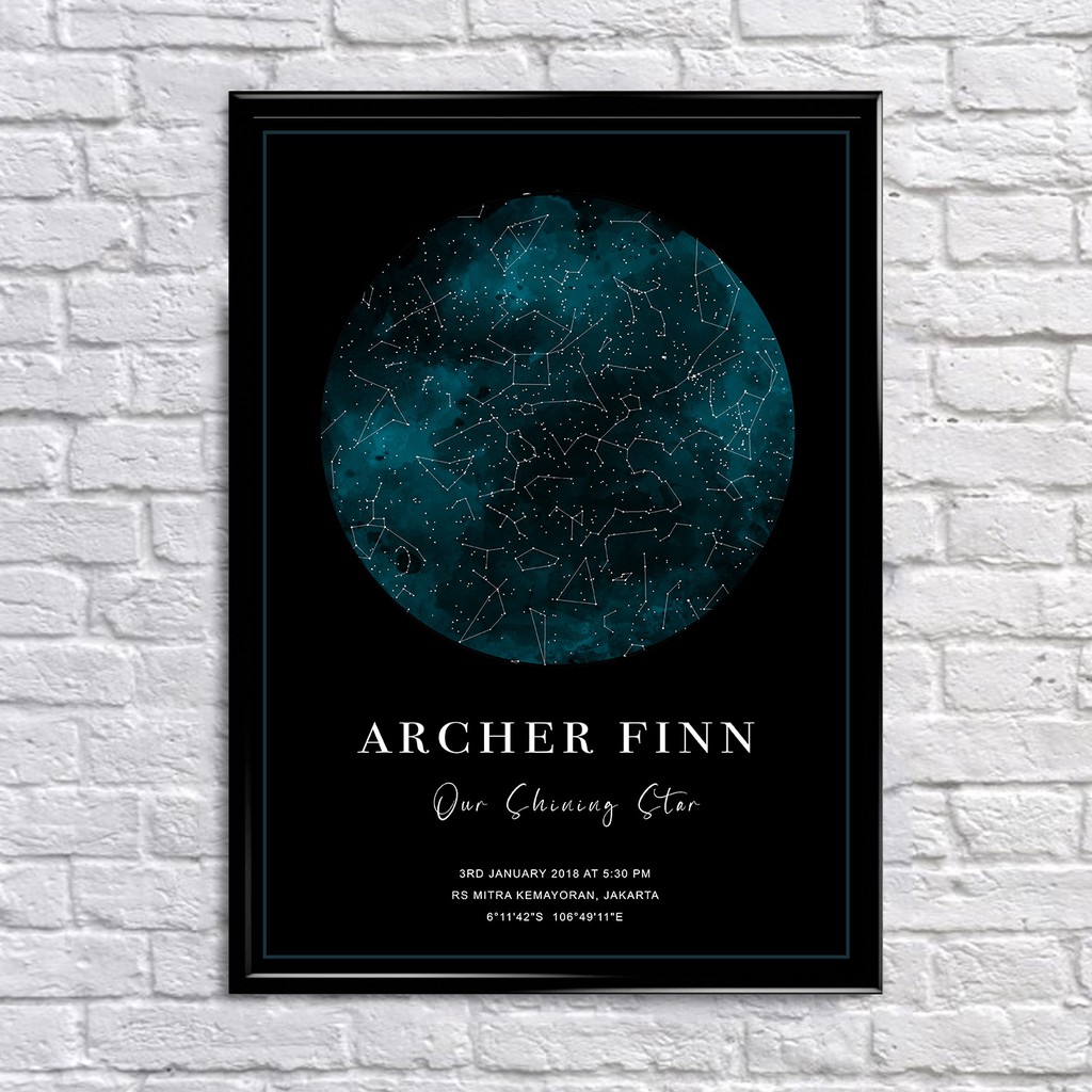 

WATERCOLOR BLUE ON BLACK custom constellation star map personalized framed A3 poster unique gift