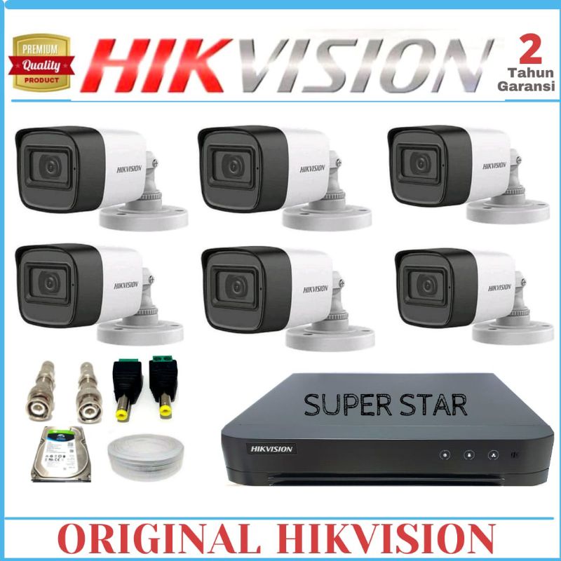 PAKET CCTV HIKVISION ORIGINAL 8 CHANNEL 6 KAMERA 2 MP 1080P TAHAN PANAS DAN HUJAN