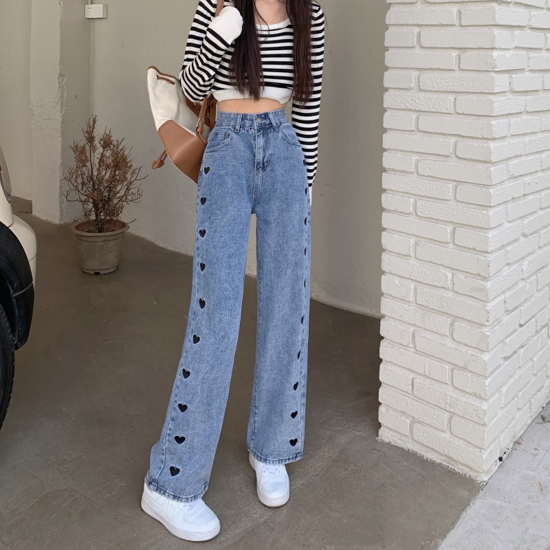 korea style Boyfriend Jeans highwaist loose celana kaki lebar lurus heart embroidery jeans wanita celana jeans